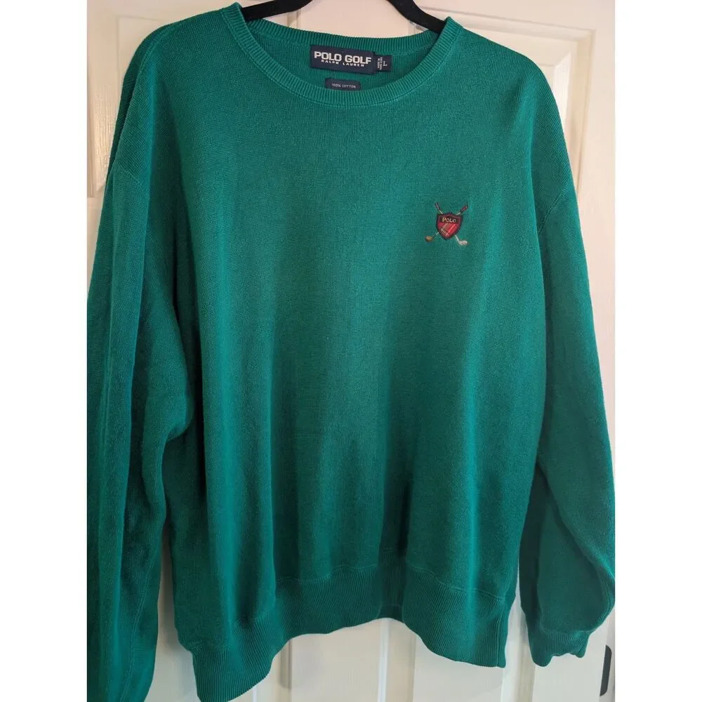 Vintage Polo Golf Ralph Lauren Men's Large Green Crest Crewneck Sweater